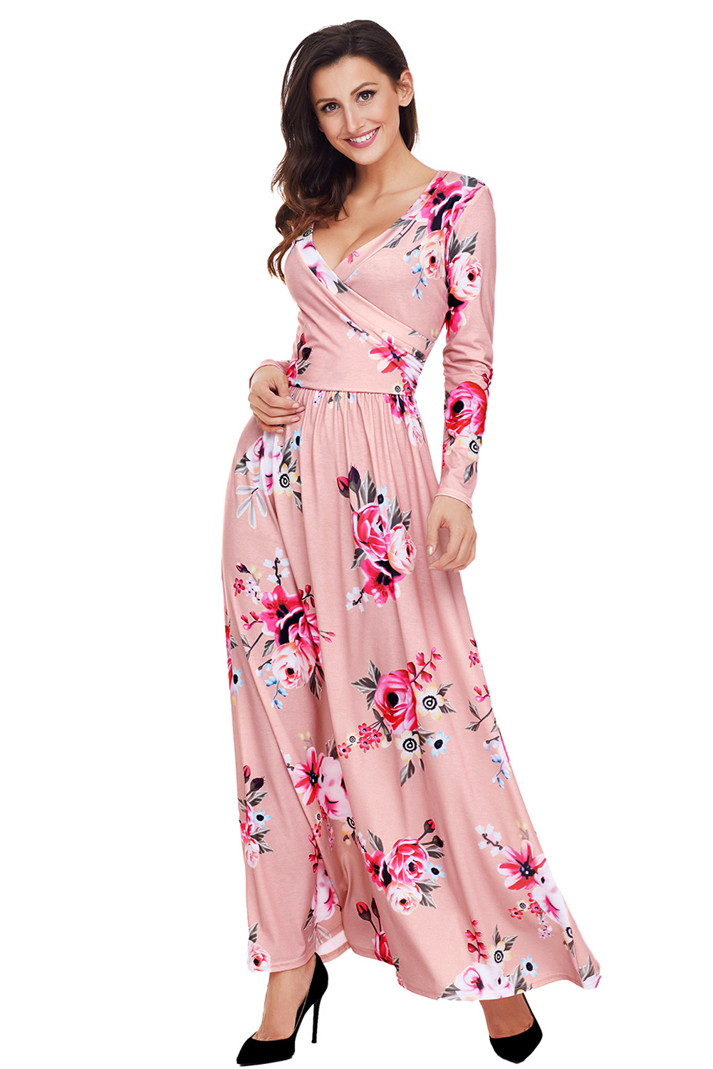 BY61772-10 Mauve Floral Surplice Long Sleeve Maxi Boho Dress
